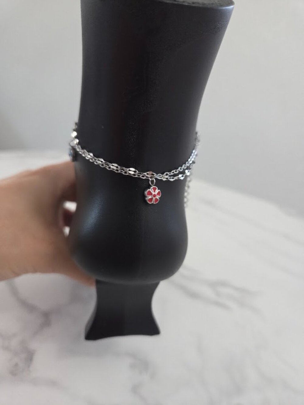Boho Silver Double Chain Flower Anklet Pink Blue - Picture 6 of 16
